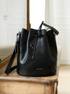 Sezane Black Mini Farrow Leather Bucket Bag